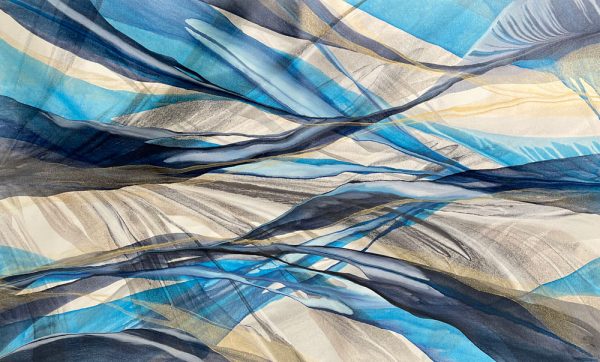 Coastal Lines II by Antonio Molinari at Art Leaders Gallery. Blue gold and black abstract poured paint