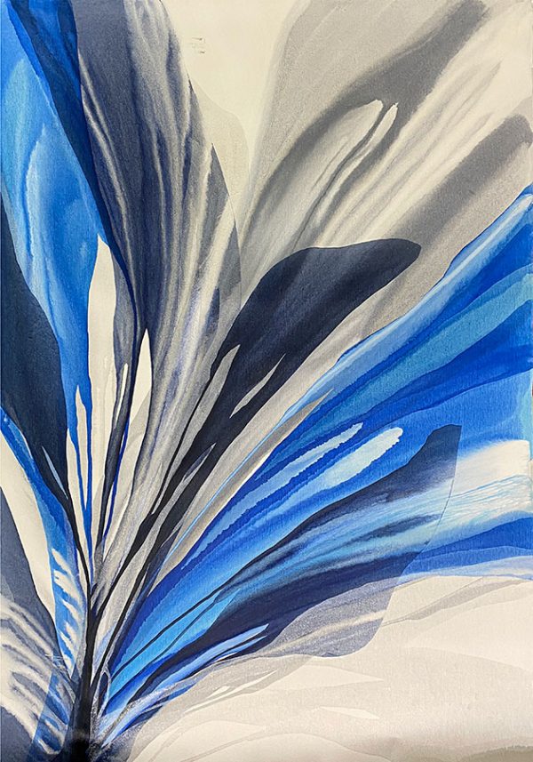 Windswept by Antonio Molinari at Art Leaders Gallery. Blue, silver, and white poured paint abstract.