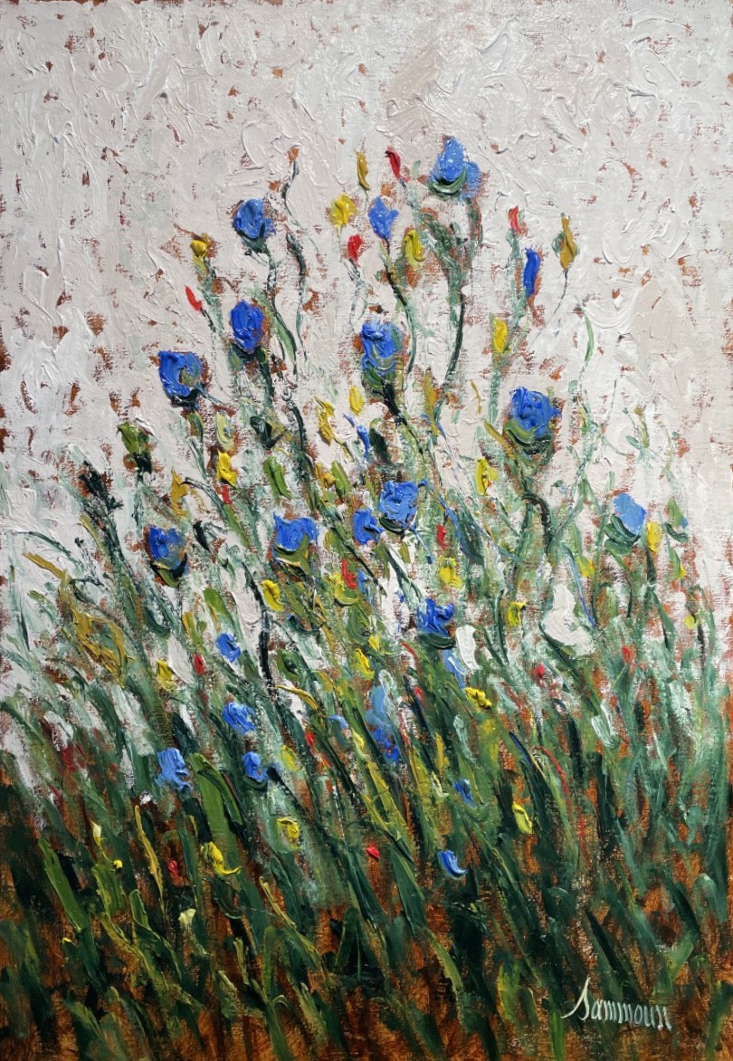 Blue Poppies with Yellow and Red notes